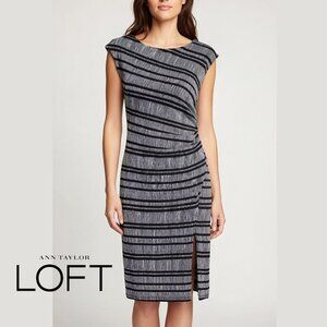 LOFT Petite Small Gray Black Striped Ruched Sheath Dress PS